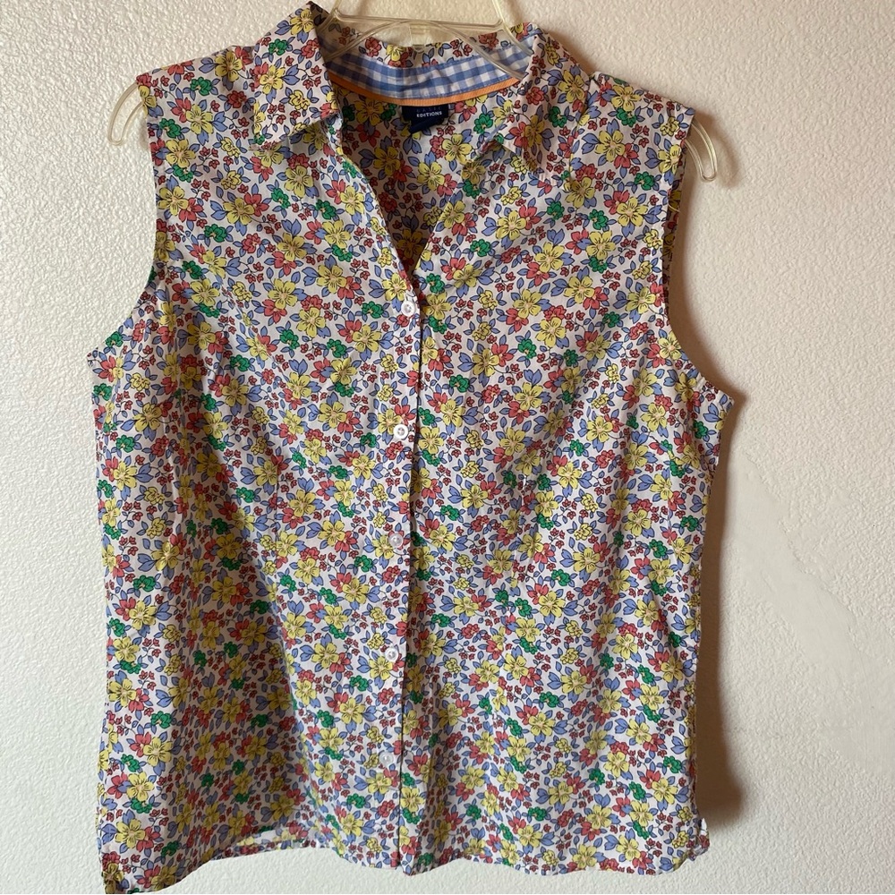 H7 Basic editions shirt Womens L large Floral Sleeveless Button-Up Top - Picture 1 of 7